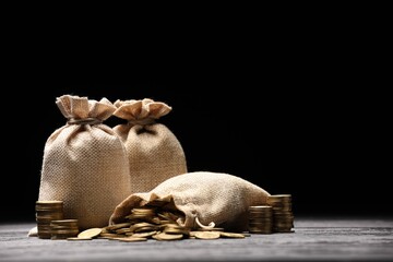 Bags and coins on gray table against dark background