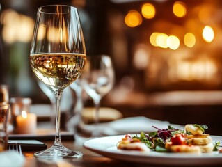 White Wine Glass at Restaurant, Warm Lighting, Appetizer, Food Photography, Bokeh Wine, Gastronomy