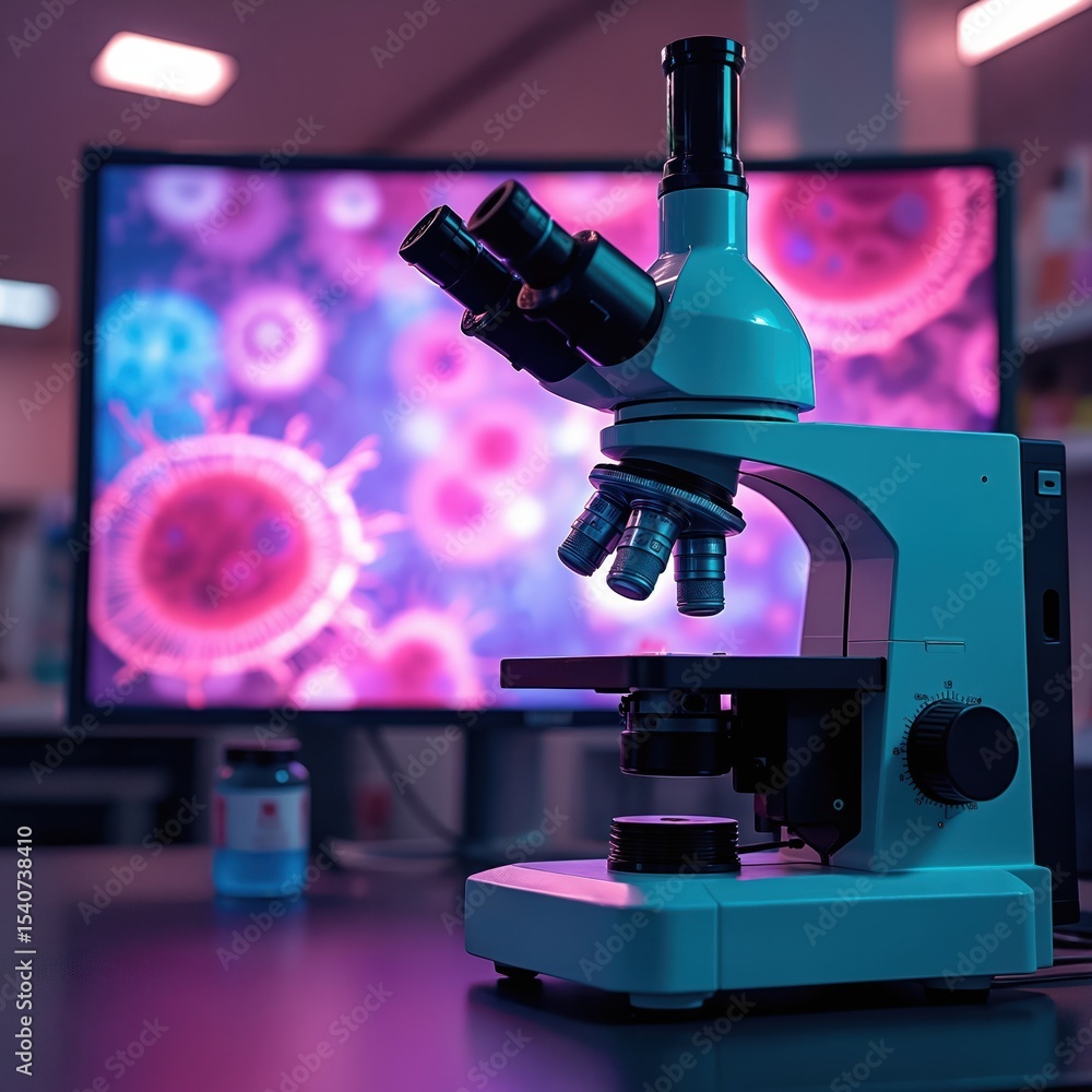 Poster modern research microscope in lab with vibrant cell culture display. tech tool for analysis in medic