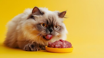 Cute fluffy cat eating meat on vibrant yellow background