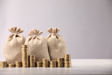 Bags and stacked coins on gray table against light background, space for text