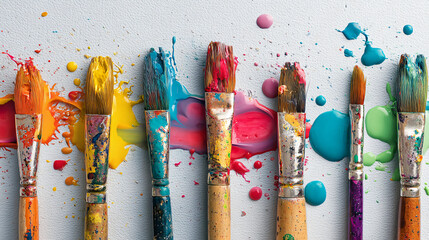Paint Brushes and Colorful Splashes Flatlay
