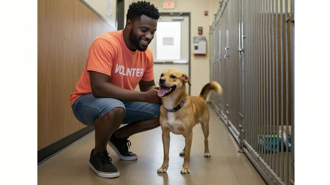 Person petting dog in indoor kennel setting pet affection kindness friendship