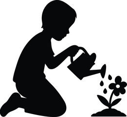 Silhouette boy watering flower in garden vector illustration © AbuSadat