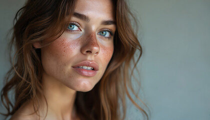 Portrait of woman with freckled skin natural red hair and bright blue eyes. Attractive young female exudes confidence and earthy beauty in a classic style. Close-up shows radiant face.