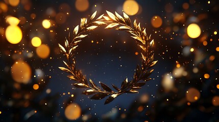 Golden laurel wreath on a dark background with bokeh.