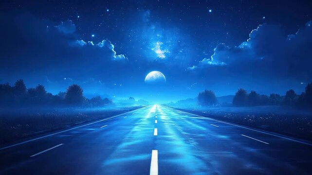 A lonely road stretches into a night sky filled with stars and a luminous moon.  Misty fields and trees line the edges of the asphalt highway