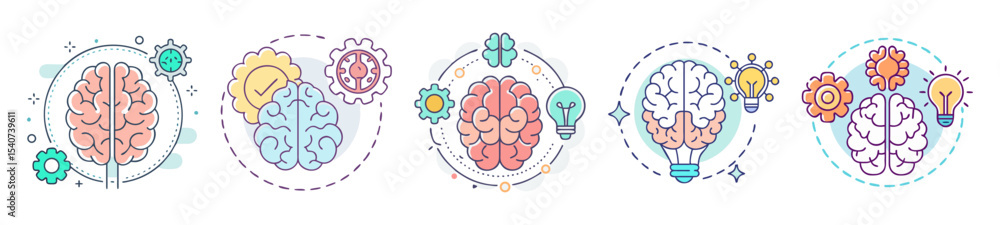 Aufkleber creative brainstorming concepts represented through colorful graphics and symbolism in five designs