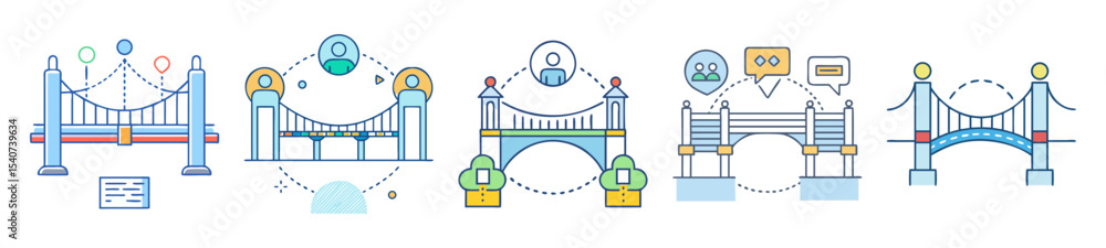 Poster five bridge illustrations demonstrating connection concepts with associated icons and colors