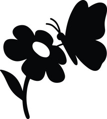 Silhouette butterfly on flower black and white vector illustration