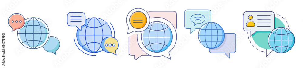 Aufkleber stylized global communication icons with speech bubbles in a clean design style