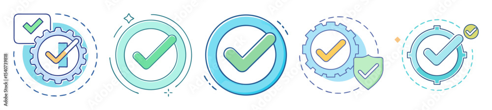 Aufkleber set of five different check mark icons symbolizing validation and approval
