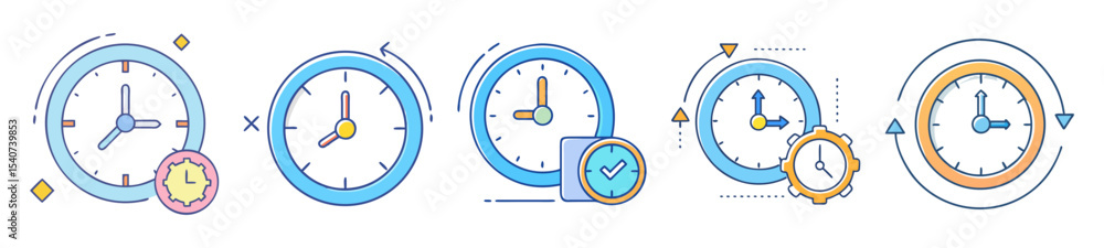 Poster stylized clock icons illustrating concepts of time management and related activities