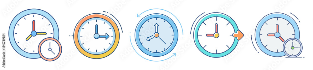 Poster diverse clock illustrations depicting time management and efficiency concepts with playful styling