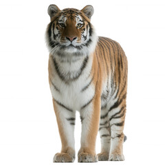 Fototapeta premium A majestic tiger stands poised with its striking orange and black stripes showcased against a white isolated background. Perfect for wildlife enthusiasts and conservation themes.