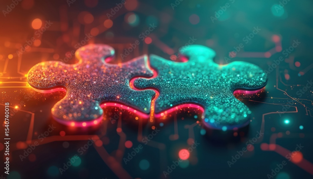 Poster Vibrant tech background with merging puzzle pieces in abstract image. Digital tech background of connected jigsaw pieces representing networking, integration, innovation, solution, concept.