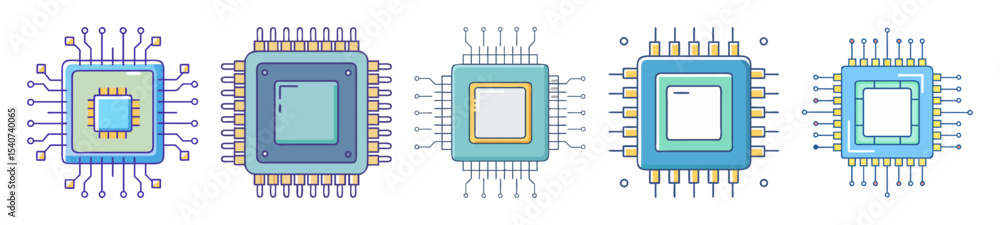 Poster set of colorful vector graphic illustration of computer chips and circuits