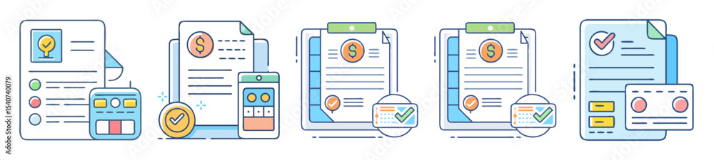 Poster depiction of different financial documents and agreements with check marks for approval