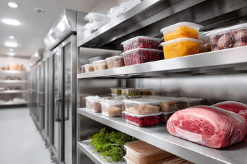 Organized stainless steel shelves stocked with fresh, prepped food in a commercial kitchen. Represents efficiency, food service, and culinary preparation. Ideal for food industry.