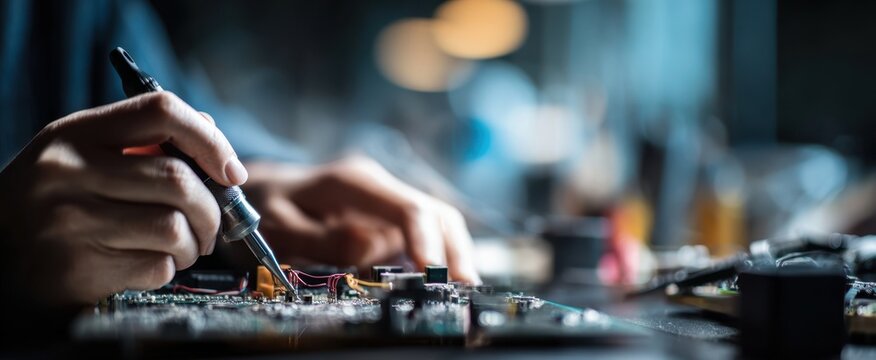 The craftsman working meticulously on an electronic circuit board in a workshop.