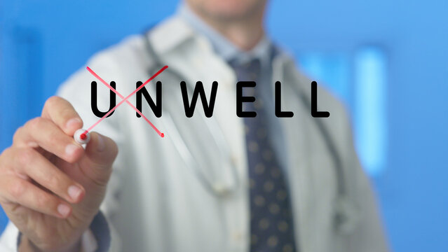 Doctor is crossing out the prefix un from the word unwell written on a transparent virtual screen, changing its meaning to well, symbolizing recovery and good health