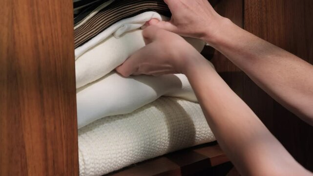 Woman hand taking folded sweater from pile of clothes on wardrobe shelf and closing door close up
