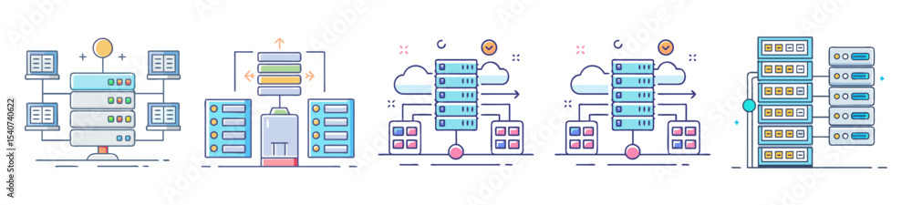 Poster illustrations depicting server infrastructure, data processing, and cloud network connectivity, serv