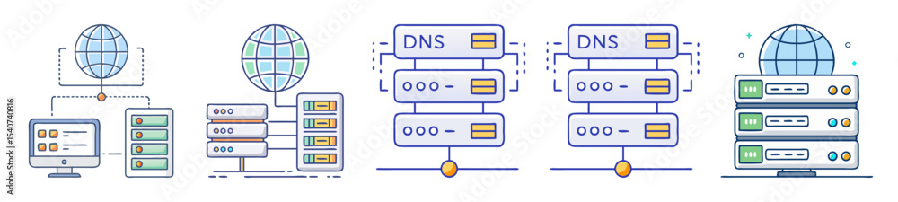 Poster illustrations of internet networking concepts and domain name system server configurations
