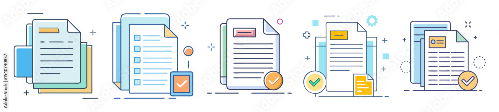 Aufkleber vector illustration of documents with check marks in flat design style