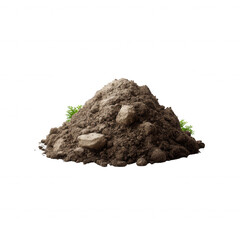 A realistic mound of fresh soil with small rocks and green foliage around it, isolated on a white background.