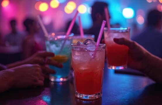 Friends celebrate with non-alcoholic drinks at night club. People hold colorful cocktails with straws. Blurred lights, crowd, people enjoying party, drinking refreshment beverages, fun time together.