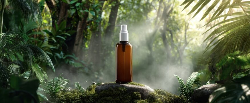 The beauty product in a serene forest setting surrounded by vibrant greenery.