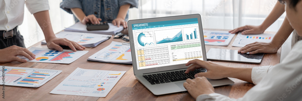 Poster Spreadsheet document information financial startup concept. data and graphs in spreadsheet documents for online analysis project dashboard accounting digital brisk