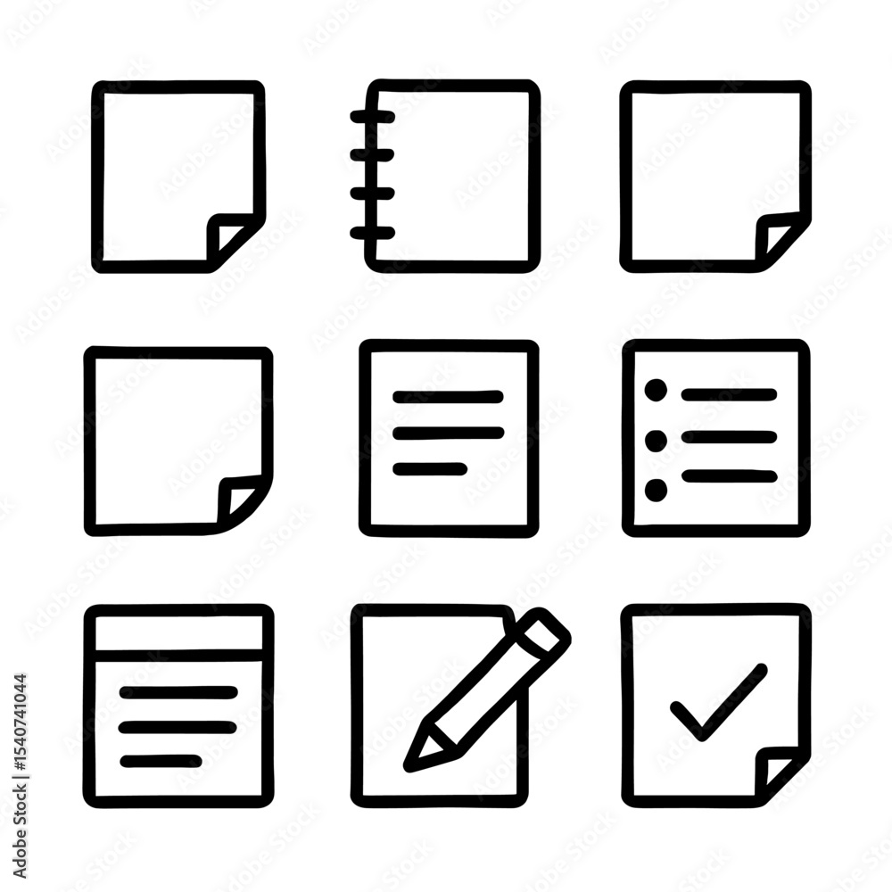 Poster collection of simple outline document icons for note taking and organization