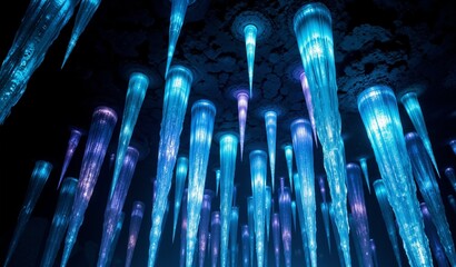 Digital Stalactites Cascade From Cavern Ceiling In Teal, Violet, And Cerulean Light