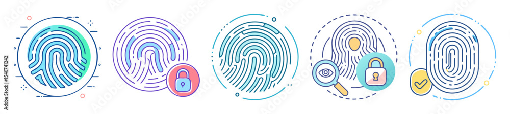 Poster collection of stylized fingerprint illustrations representing security and identification methods