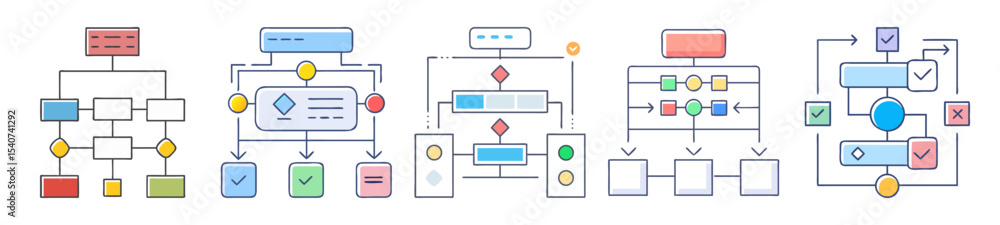 Poster collection of conceptual flowcharts and process diagrams illustrating workflow and decisionmaking