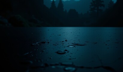 Black Obsidian Surface Reflecting Cerulean Glow, Stillness, Mystery, Shallow Depth Of Field