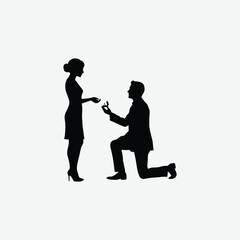 Elegant black and white silhouette of a man proposing on one knee to a woman in heels. Perfect romantic vector for love, engagement, or wedding-themed designs.