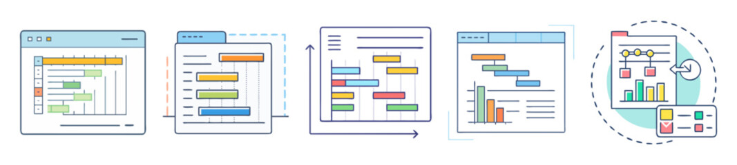 Collection of visually represented project management methodologies and tracking charts designs