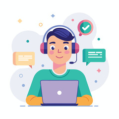 Fototapeta premium Smiling flat Asian man wears headset while using laptop before white background