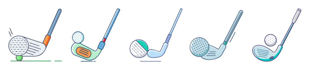 Collection of five stylized golf clubs striking or near golf balls illustration