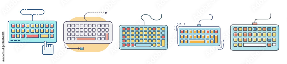 Poster five different keyboard illustrations with varied color palettes and connection styles shown