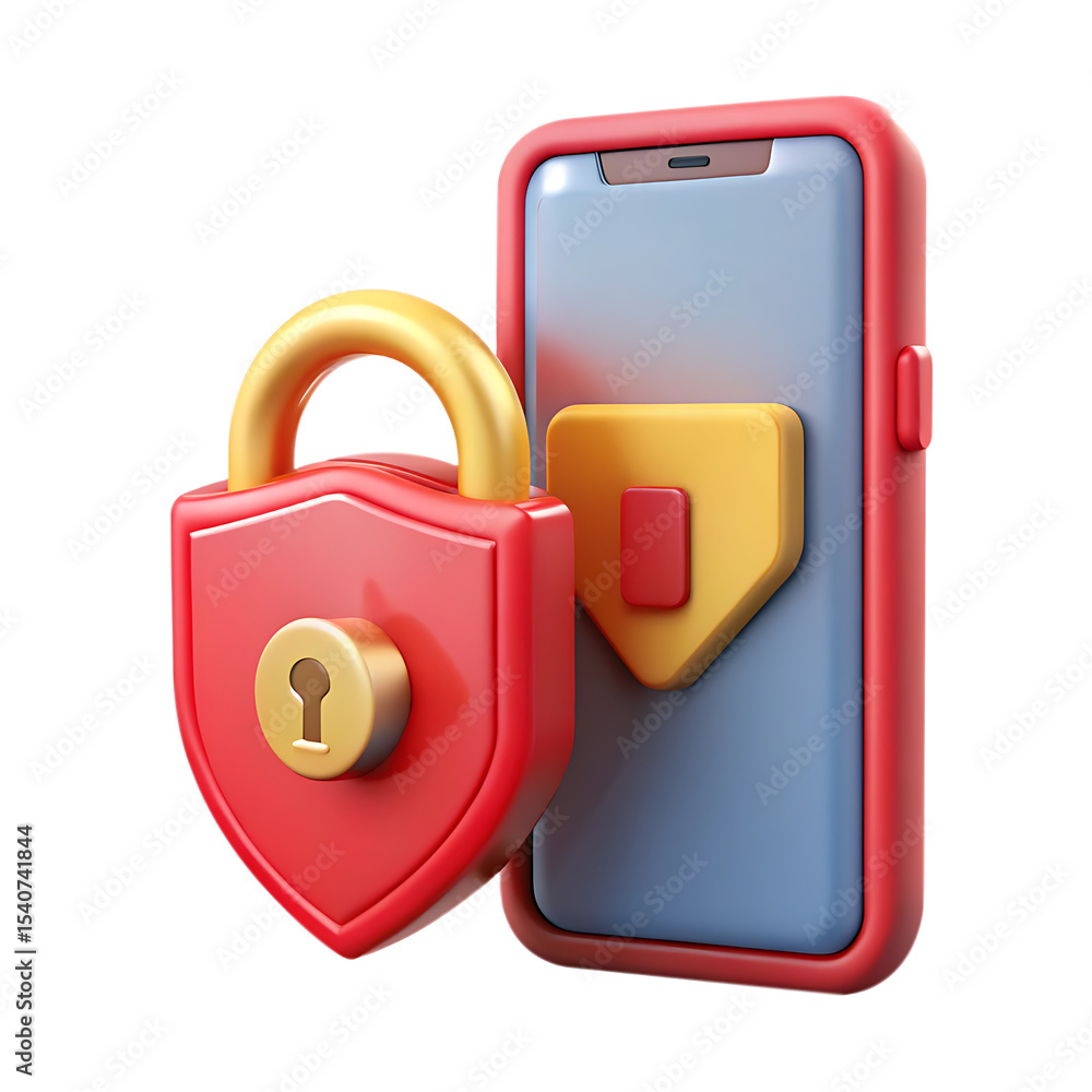 Poster 3d render of smartphone with padlock and shield isolated on transparent background