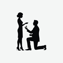 Elegant black and white silhouette of a man proposing on one knee to a woman in heels. Perfect romantic vector for love, engagement, or wedding-themed designs.
