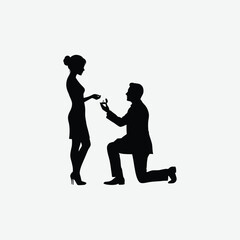 Elegant black and white silhouette of a man proposing on one knee to a woman in heels. Perfect romantic vector for love, engagement, or wedding-themed designs.