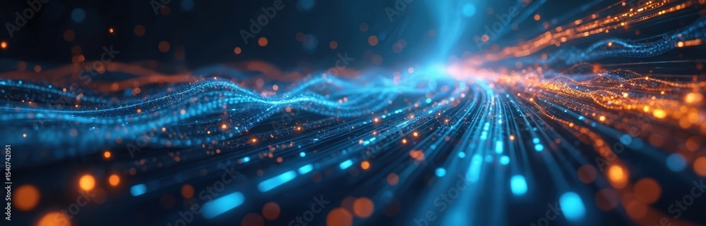 Poster Dynamic abstract illustration of data streams. Swirling blue orange light trails, futuristic energy, abstract networks, digital motion. Ideal for representing cyberspace high tech concepts.