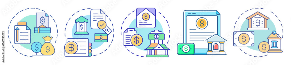 Poster vector conceptual illustrations representing financial services and banking transactions in a circul