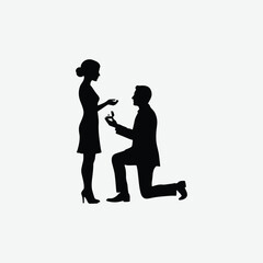 Elegant black and white silhouette of a man proposing on one knee to a woman in heels. Perfect romantic vector for love, engagement, or wedding-themed designs.