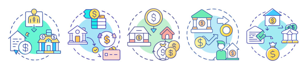 Icon set showing real estate financing and home loan financial management